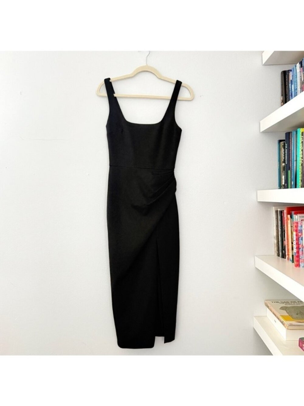 CUSHNIE Black Square Neck Ruched Side Slit Dress sz 0 - Picture 5 of 16